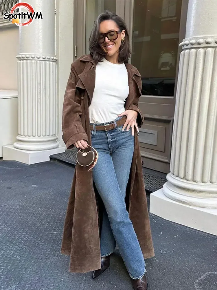 

Vintage Brown Women's Lapel Long Coat With Belt Long Sleeved Oversized Overcoat 2024 Autumn Fashion Female High Street Outwear