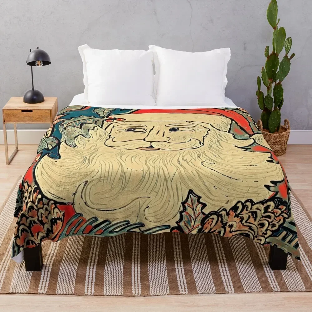 

Santa and Holiday Foliage Throw Blanket Furry Designers Blankets