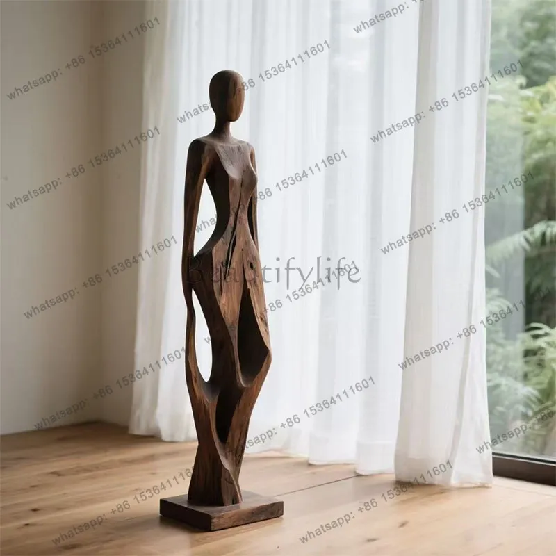 8Hotel lobby wood carving large Muse statue villa clubhouse abstract figure floor decoration