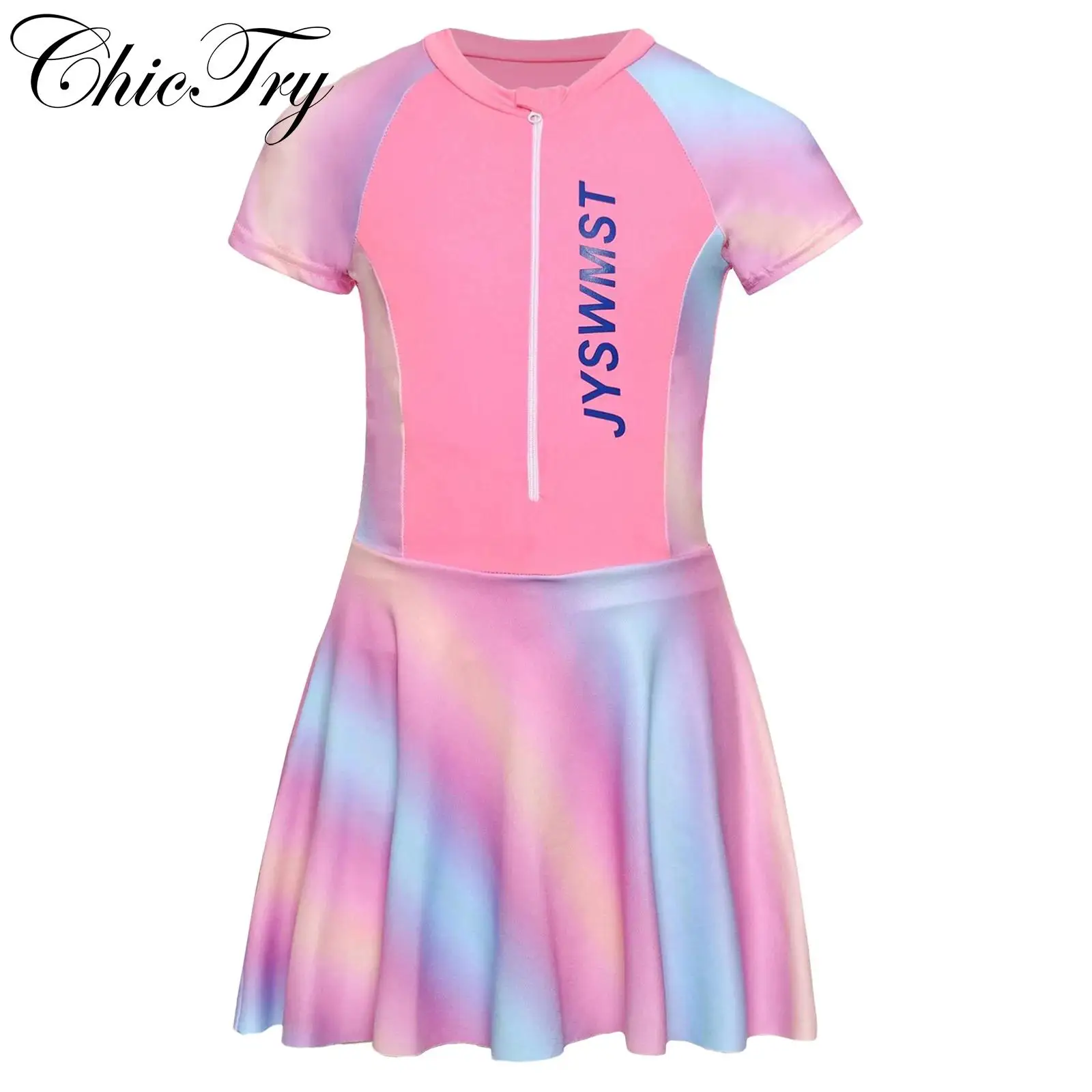 

Детский цельный купальник для девочек с короткими рукавами и молнией спереди, платье для плавания с защитными шортами, комплекты купальников, пляжная одежда, купальные костюмы