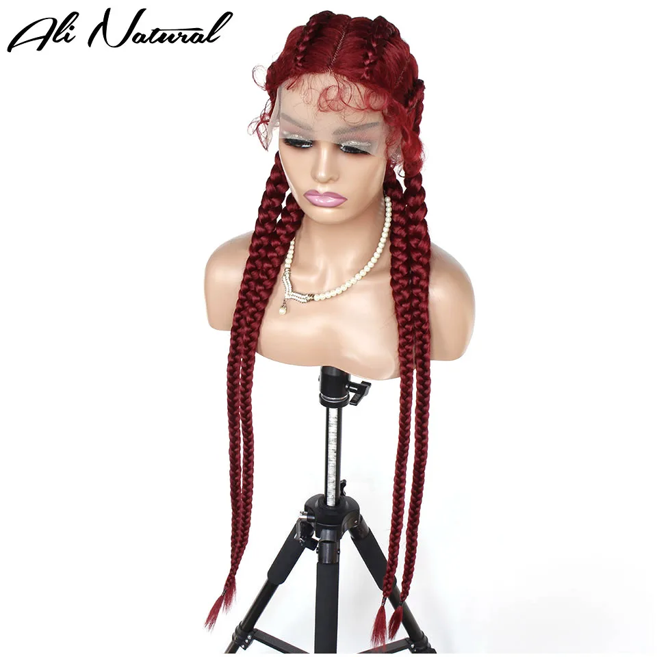 99J Color Box Braids wig African 4 braids Braided 360 Lace Wig For Black Women Dark Burgundy Synthetic Fiber