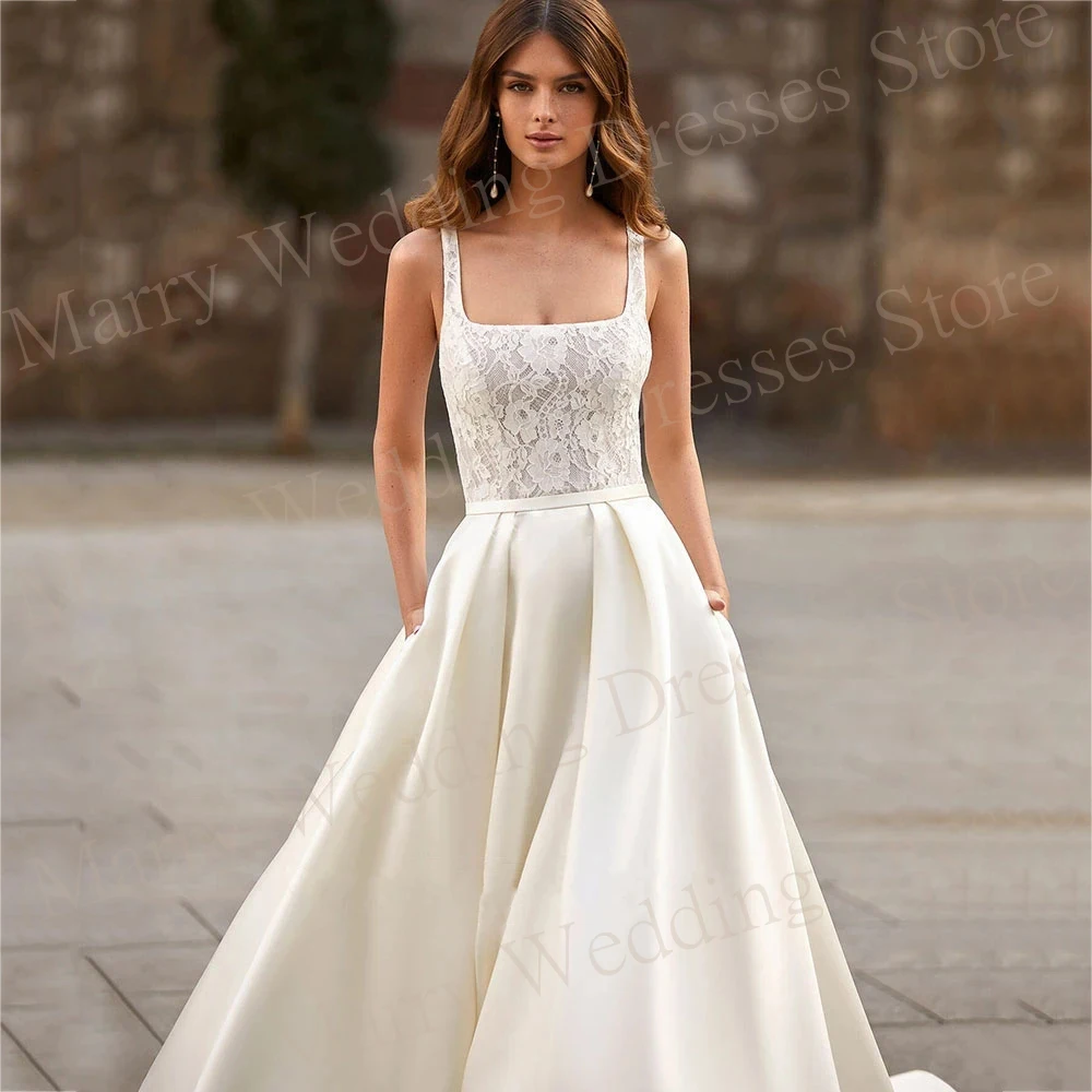 Simples e moderno mancha gola quadrada vestidos de casamento uma linha apliques rendas vestidos de noiva com bolsos sem costas sem mangas para mulher