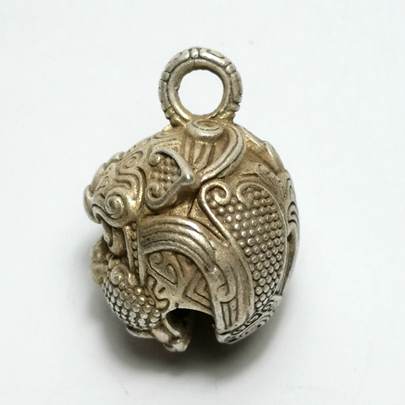 YIZHU CULTUER ART Size 3 cm Old Chinese Tibet Silver Carving Lucky Lion Head Statue Small Bell Pendant