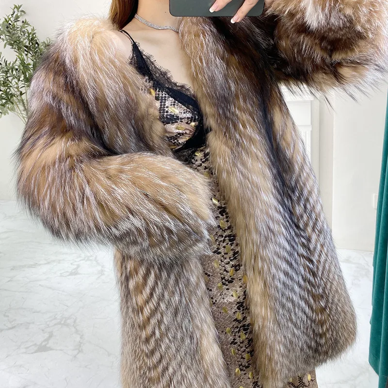 ANNSIRGRA Winter 100% Natural Fox Fur Jacket Long Female Silver Fox Fur Coat V-neck Thick Warm Fashion Luxury Overcoat