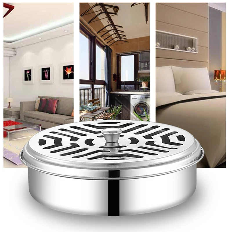 Mosquito Coils Holder Stainless Steel Mosquito Coil Box with Cover Round Mosquito Coil Tray Easy Clean Anti-Mosquito Supplies