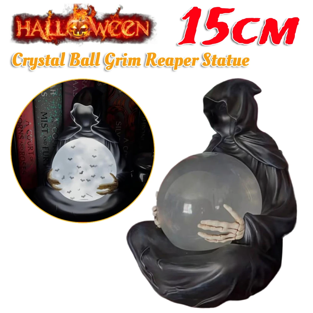 

Halloween Grim Reaper Statue with Flying Bats Crystal Ball,Gothic Figurine with Light-Up Sphere, Fantasy Decor Floating Bat Gift