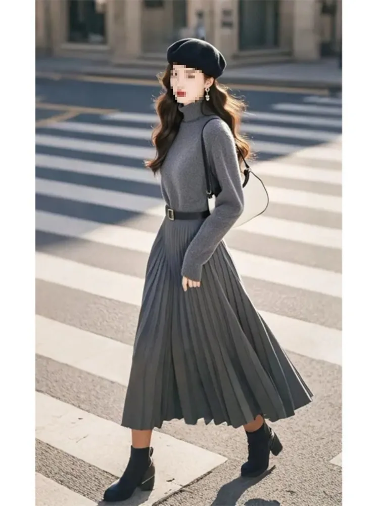 

Новинка 2024 года, японское корейское модное темпераментное благоприятное серое платье, женская осенне-зимняя уличная одежда, светская плиссированная юбка