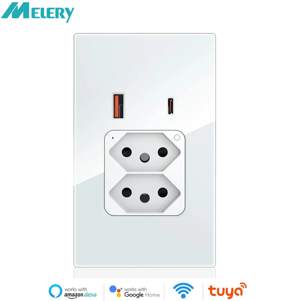 

Melery Tuya Brazil Plug 20A Слот WIFI Настенная розетка USB Type-C PD 30 Вт Умная розетка Стеклянная панель Голосовой пульт дистанционного управления от Google Home Alexa