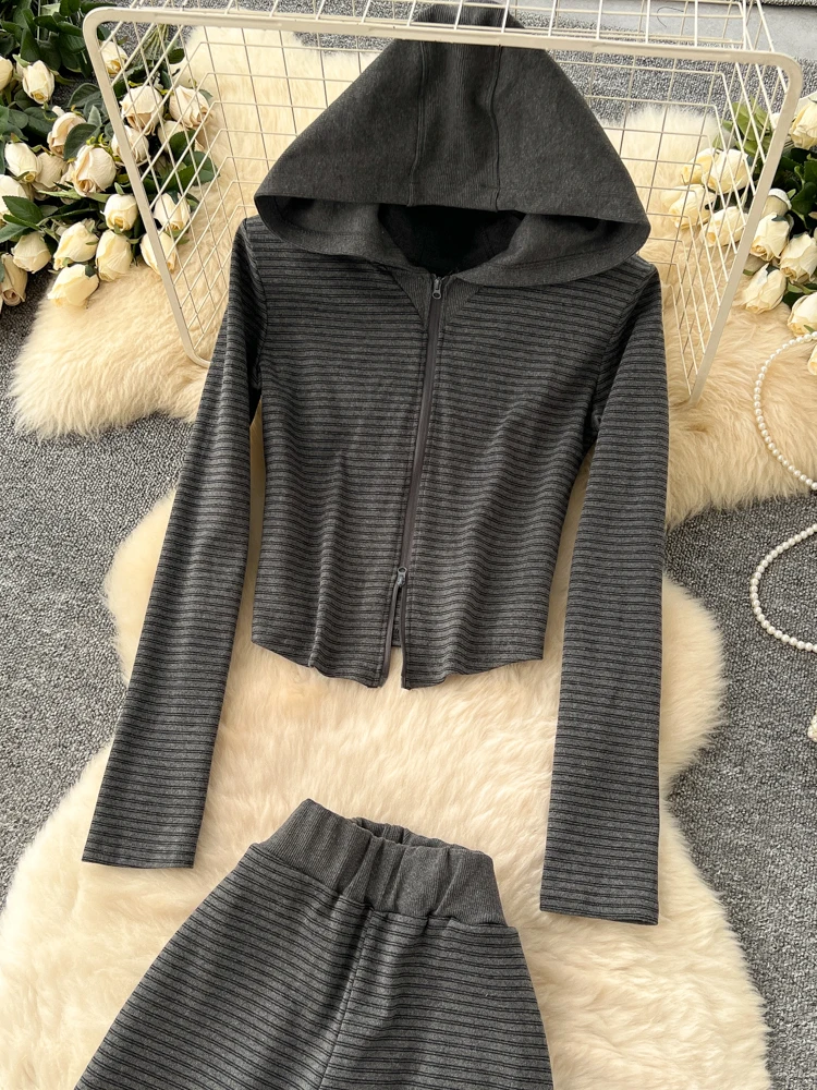 

Women's Faionable Striped Hoodie Jaet High Waist Wide Leg Pants Autumn Outfit Set Casual Commute Sle Long Sve