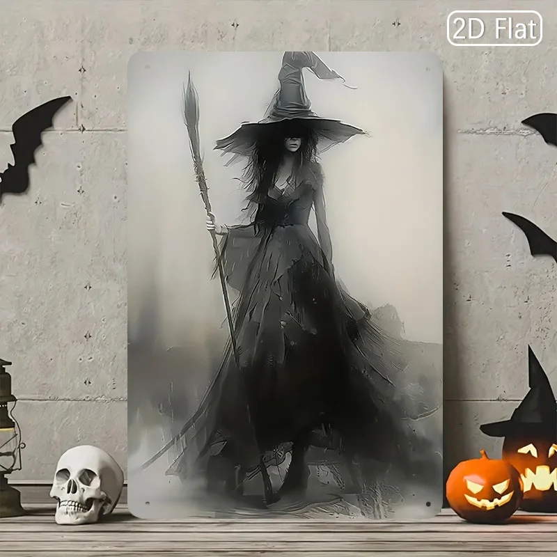 Witch in Misty Silhouette - Gothic Halloween Metal Tin Sign - Witch with Staff - Spooky Mansion Decor - Durable Indoor/Outdoor