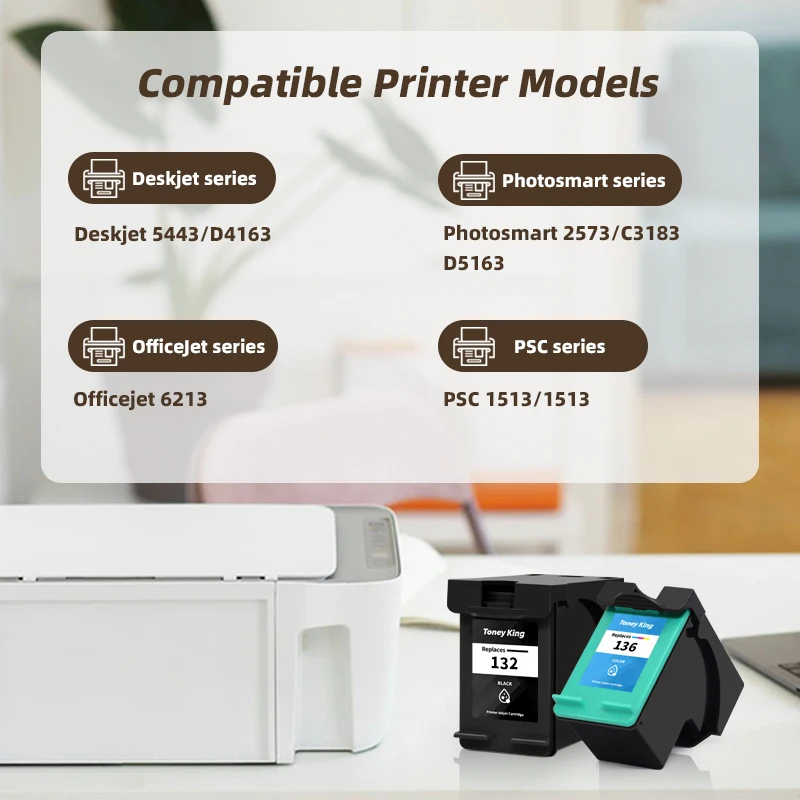 TONEY KING 132 136 Ink Cartridge Replacement For HP132 136 For HP Photosmart 2573 C3183 D5163 Officejet 6213 PSC 1513 Printers