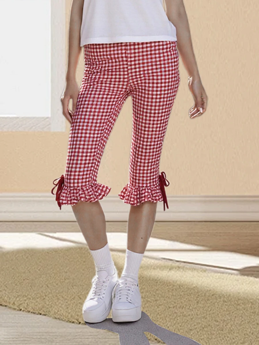 Leggings acampanados para mujer, pantalones Capri, moda informal, estampado a cuadros, bonito lazo, pantalones cortos acampanados, pantalones Bootcut de moda
