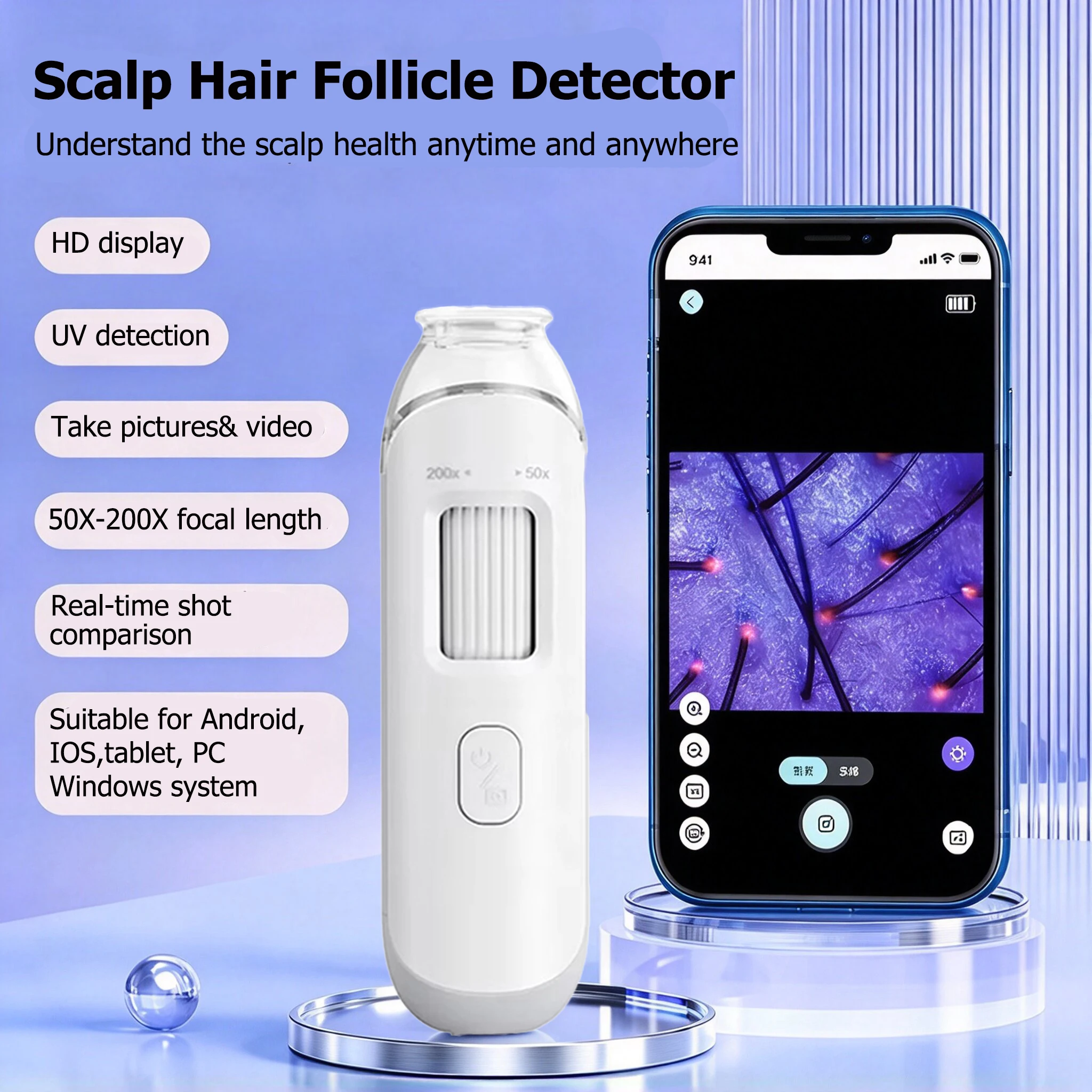 New 50X-200X Hair Follicles Scalp Detector Skin Analyzer Microscope Tool High Definition Skin Tester Support APP Wireless Use