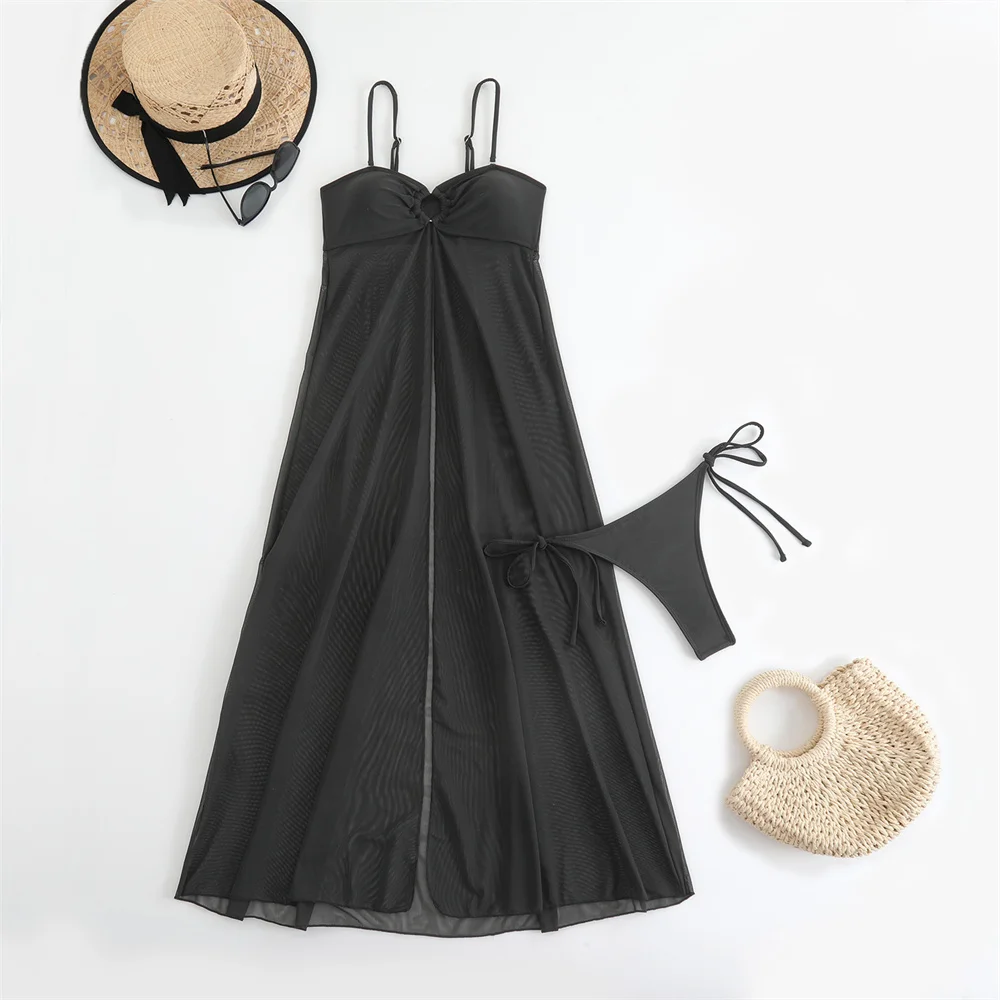 

Сексуальное пляжное бикини с высоким разрезом, прозрачная тюлевая юбка, купальник-стринги, черный купальник, женский комплект одежды из 2 предметов, пляжный купальный костюм