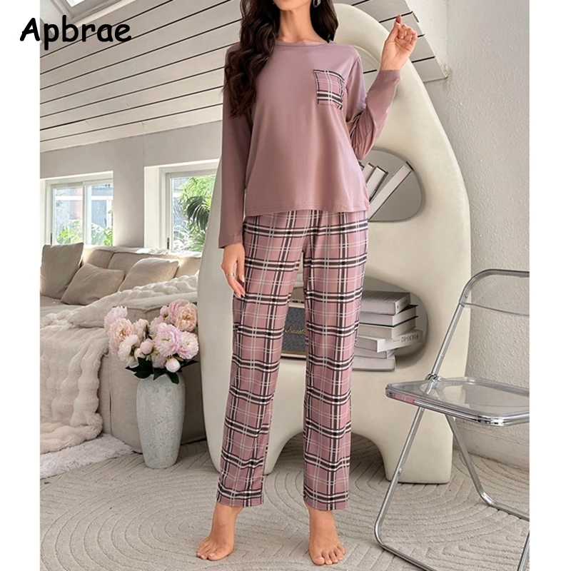 Autumn Winter Pajamas for Women Long Sleeves Plaid Pants Pijamas Woman Milk Silk Round Neck Homewear Girls Nightwear