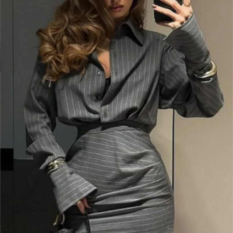 

Striped Printed Single-breasted Top Skirt Two-piece Spring Summer New Casual Suit For Women Elegant Women's Sets Ropa Mujer