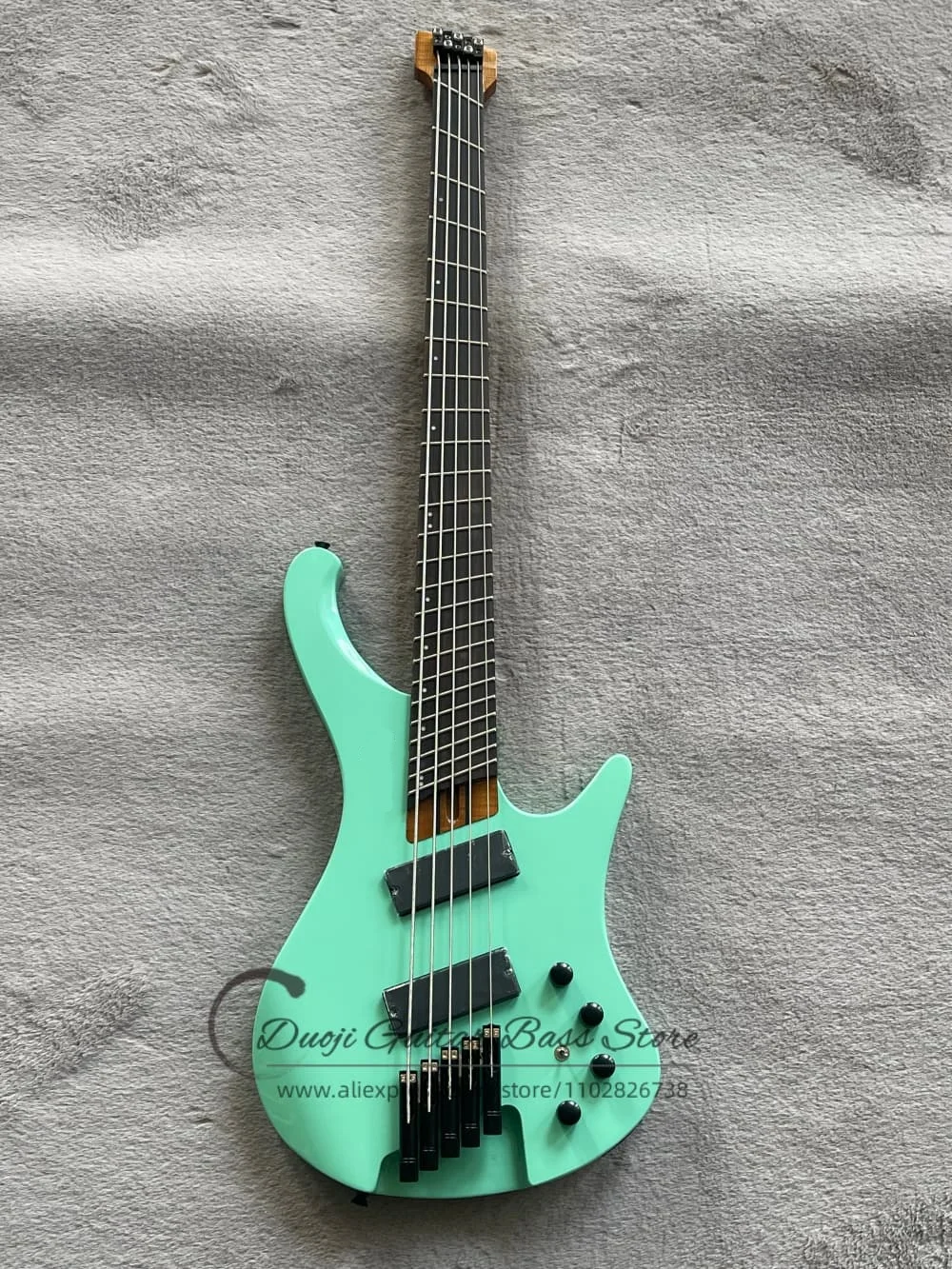 5 strings neckless bass guitar, surf green body, hickory neck, rosewood fretboard, high-quality bridge, active circuit