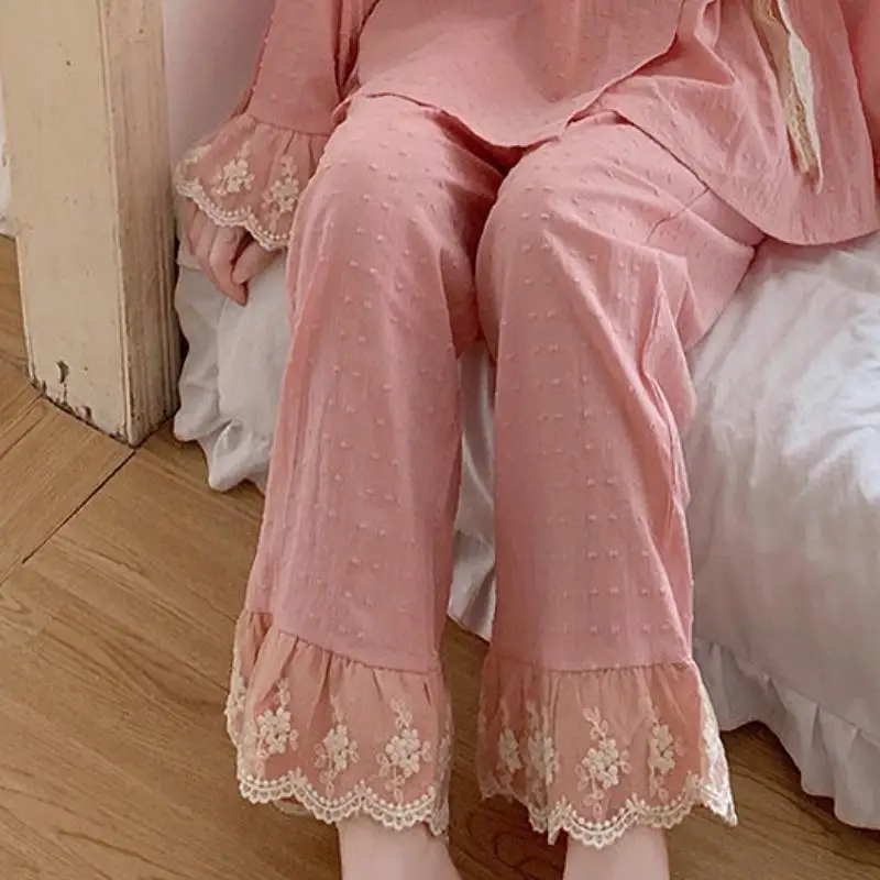 Women's V Neck Long Sleeved Long Pants Home Suit Set Teenagers Pajamas Girls' Fashionable Spring Autumn Cotton Two Piece Set