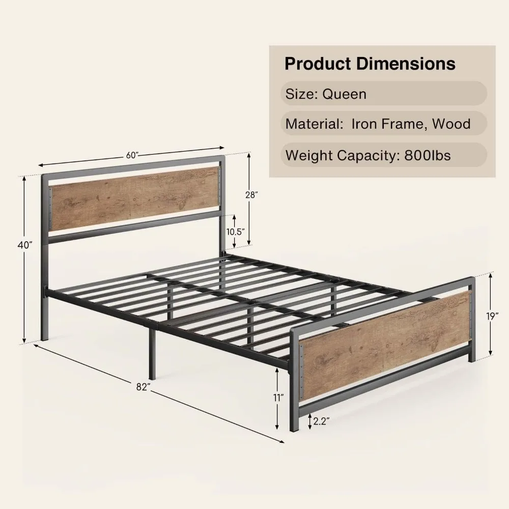 Queen Metal Platform Bed Frame with Wooden Headboard, 15 Iron Slats, Large Underbed Storage, Easy Assembly