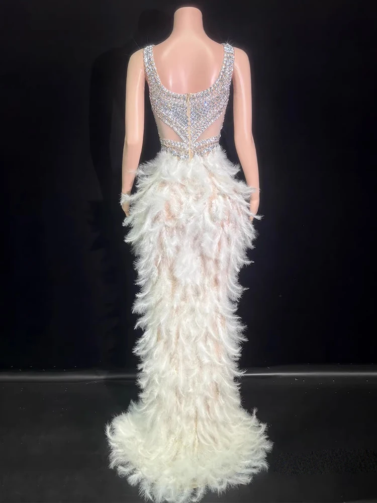 Hoge kwaliteit strass veer splitsen sexy elastische jurk 2025, nieuwe mode aangepaste dameskleding