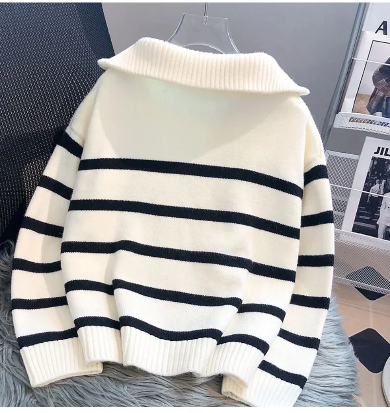 Soft Casual Stripe Knitted Sweater Spring Autumn Fashion Vintage Half Zipper Pullover Women\'s Short Tops Loose Chic Sweaters