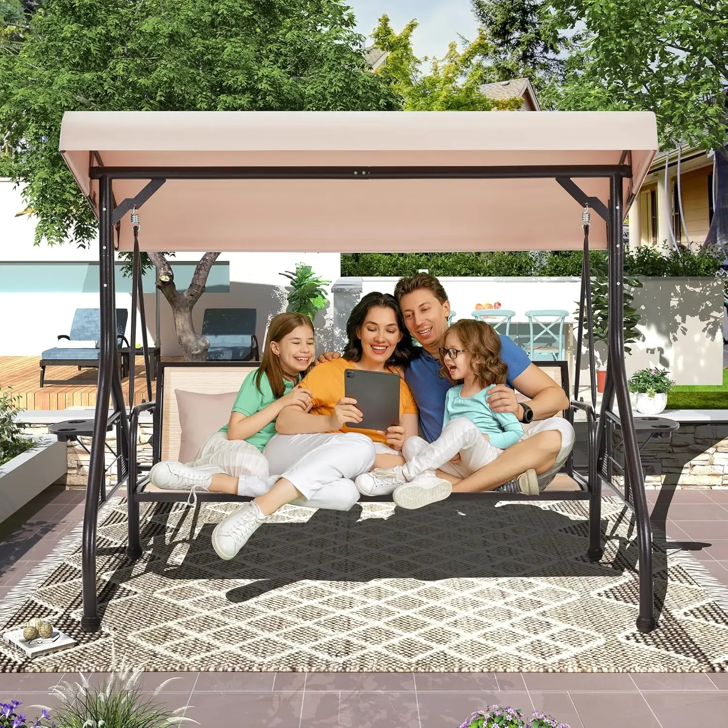 

Outdoor Porch Swing with Adjustable Canopy, Backrest, 3-Person Patio Canopy Swing Textilene Bed with Side Cup Holder