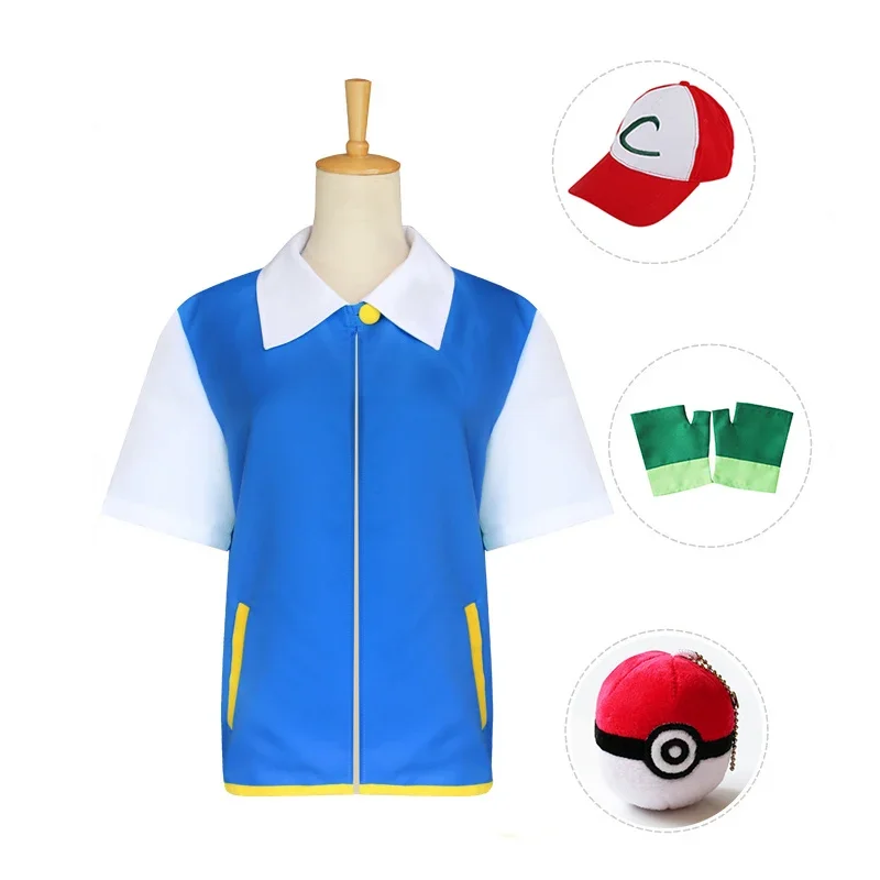 Ash Ketchum Costume Girls Boys Men Women Blue Jacket Anime Cosplay Adjustable Baseball Cap Gloves Ball Set for Kids Adults