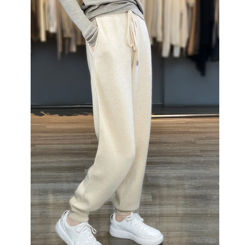 Women Winter Wool Harlan Pants Drawstring High Waist Straight Korean Loose Sweatpants Long Trousers Autumn Warm Pencil Pants