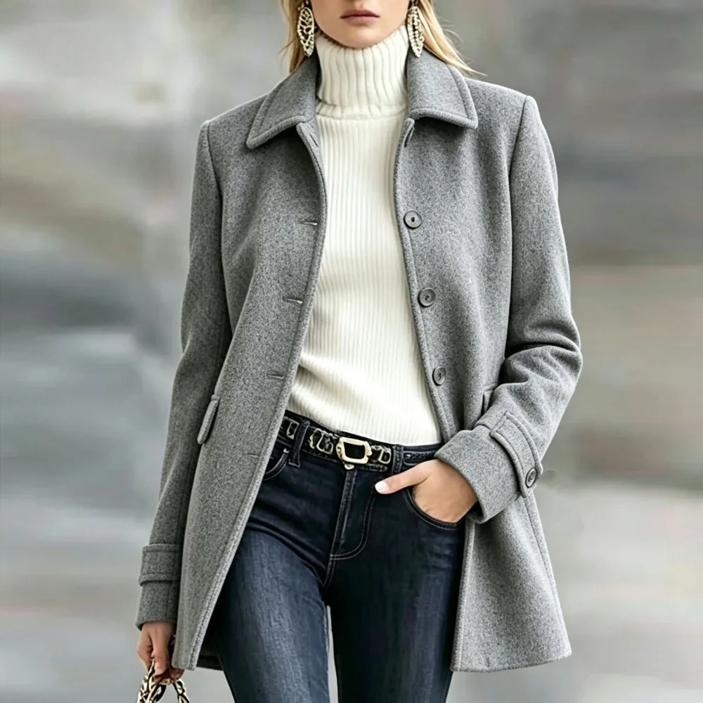 Women's Lapel Single Breasted Wool Blend Coat Loose Fit Long Sleeve Solid Color Ladies Outerwear for Casual Autumn Winter Coat