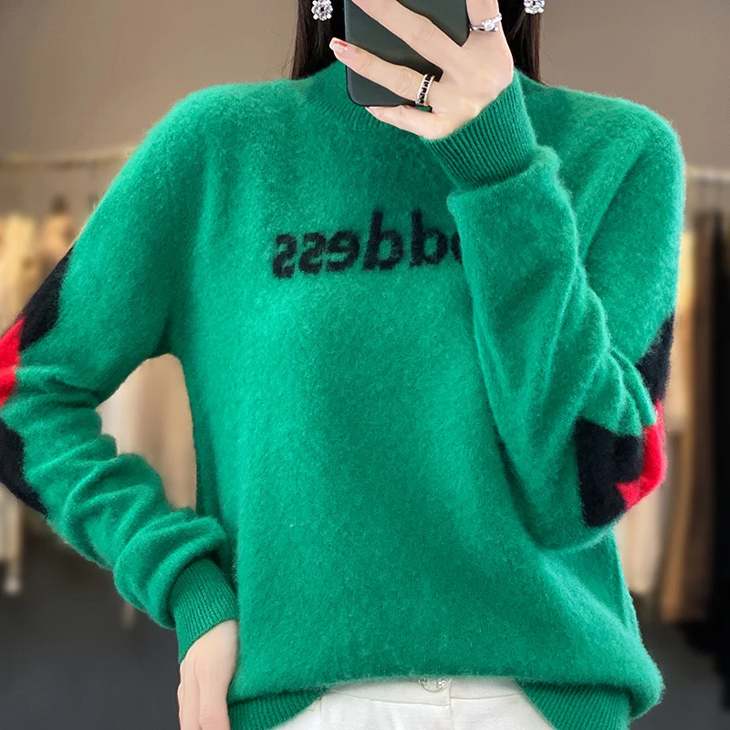 Autumn and Winter Pure Wool Knit Sweater Women's Thermal Jacket Half Turtleneck Embroidery Color Matching Trend Cashmere Sweater