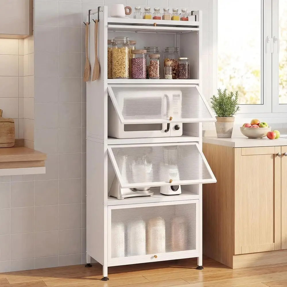 5-Tier Kitchen Storage Cabinet, 4 PC Do, Rolling Wheels, White | Mobile Metal Pantry Cabinet with 4 Hooks & Adjustable eet, 60
