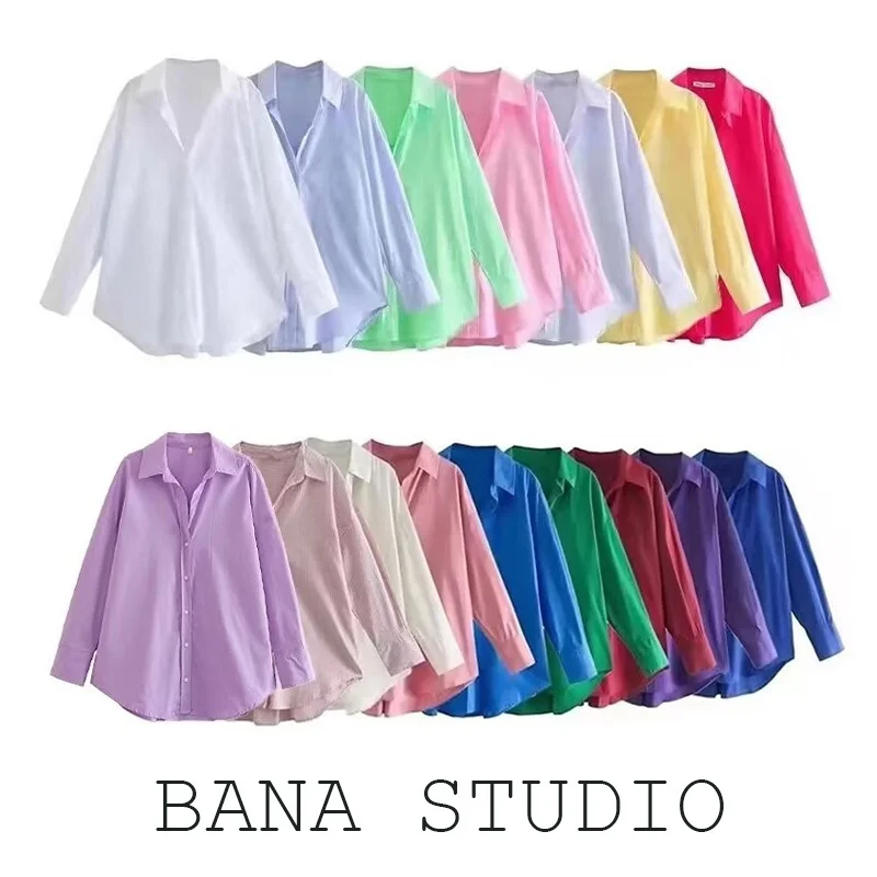 

Loose Large Size Ox Cloth Long Sve irt V-Ne UV Protection Women's Top Candy Color Busin Casual Straight Cut