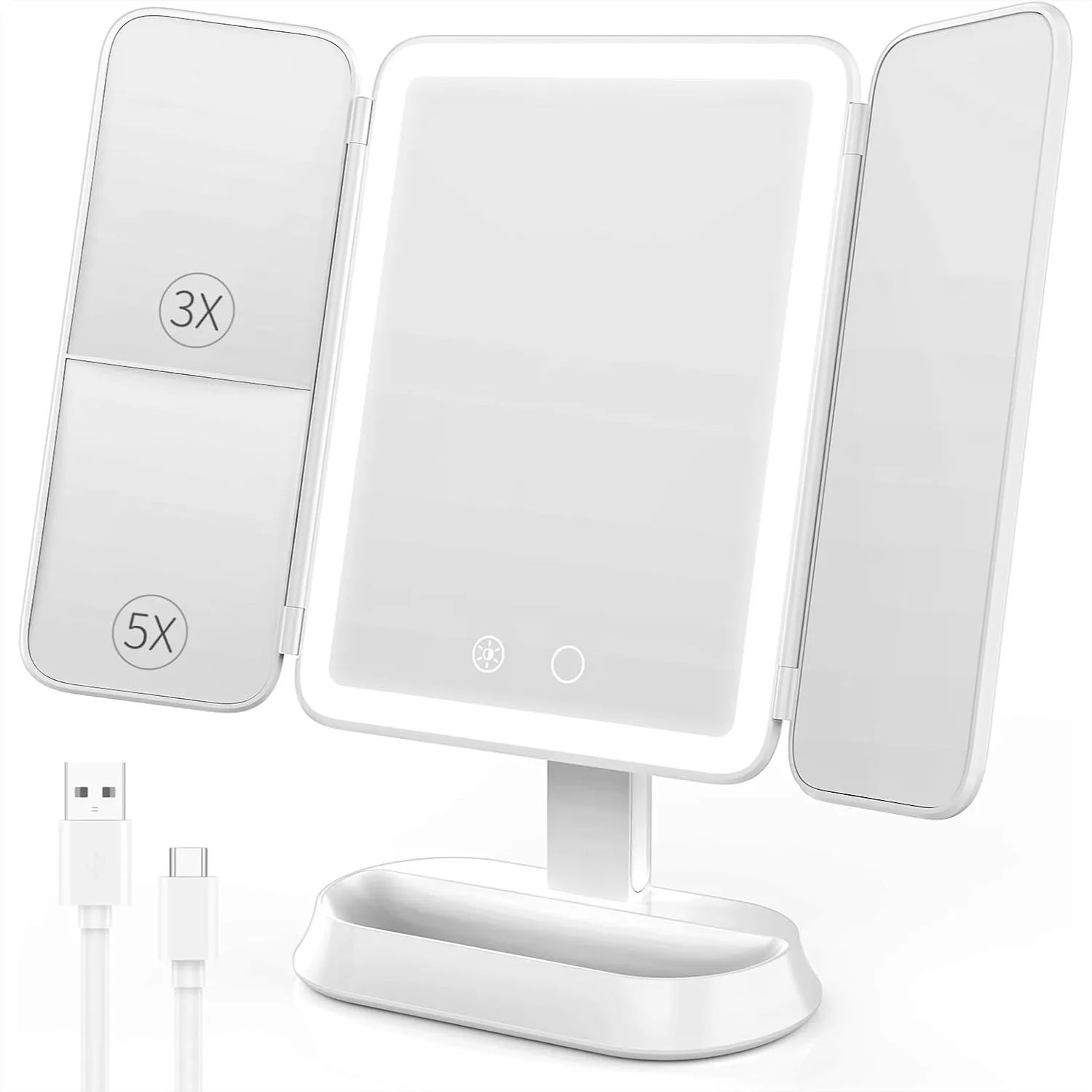 

Makeup Mirror With Lights 1X 3X 5X Magnification Vanity Mirror 3 Colors Dimmable Soft Light 360 Degree Rotation Smart Touch Rechargeable Portable Trifold Mirror For Travel Dorm Room Gift For Women