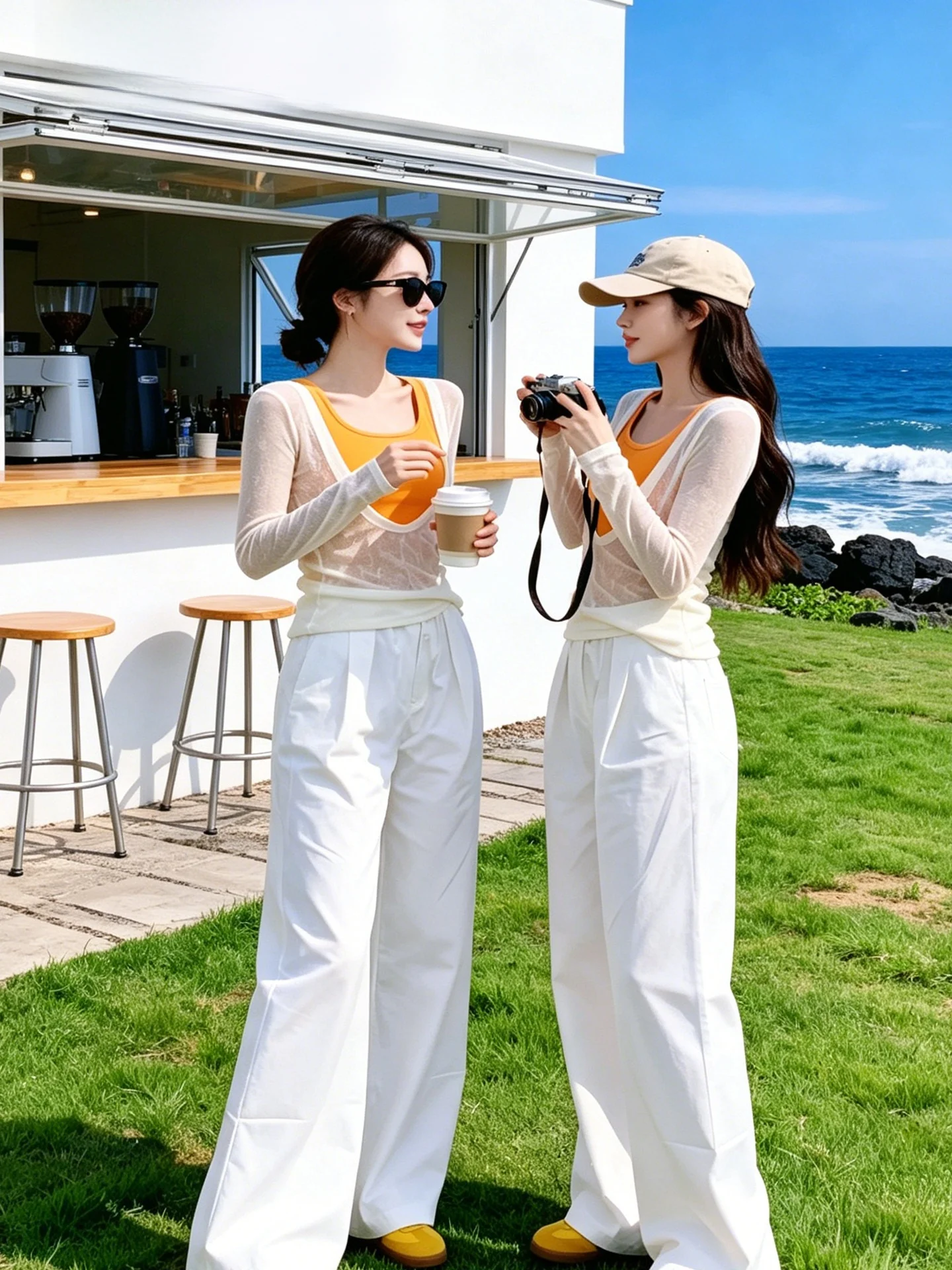 

Orange Knitted Long Sleeve Vest Lightweight Two-Piece Set Casual Style Breathable Summer Fashion Women's Ensemble round Neck