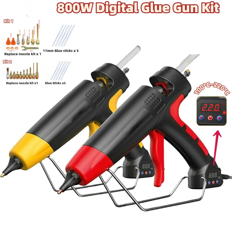 Hot Melt Glue Gun Kit Digital Adjustable Temperature 800W with Replace nozzle kit and 11Mm Glue Sticks Industrial Silicone Gun