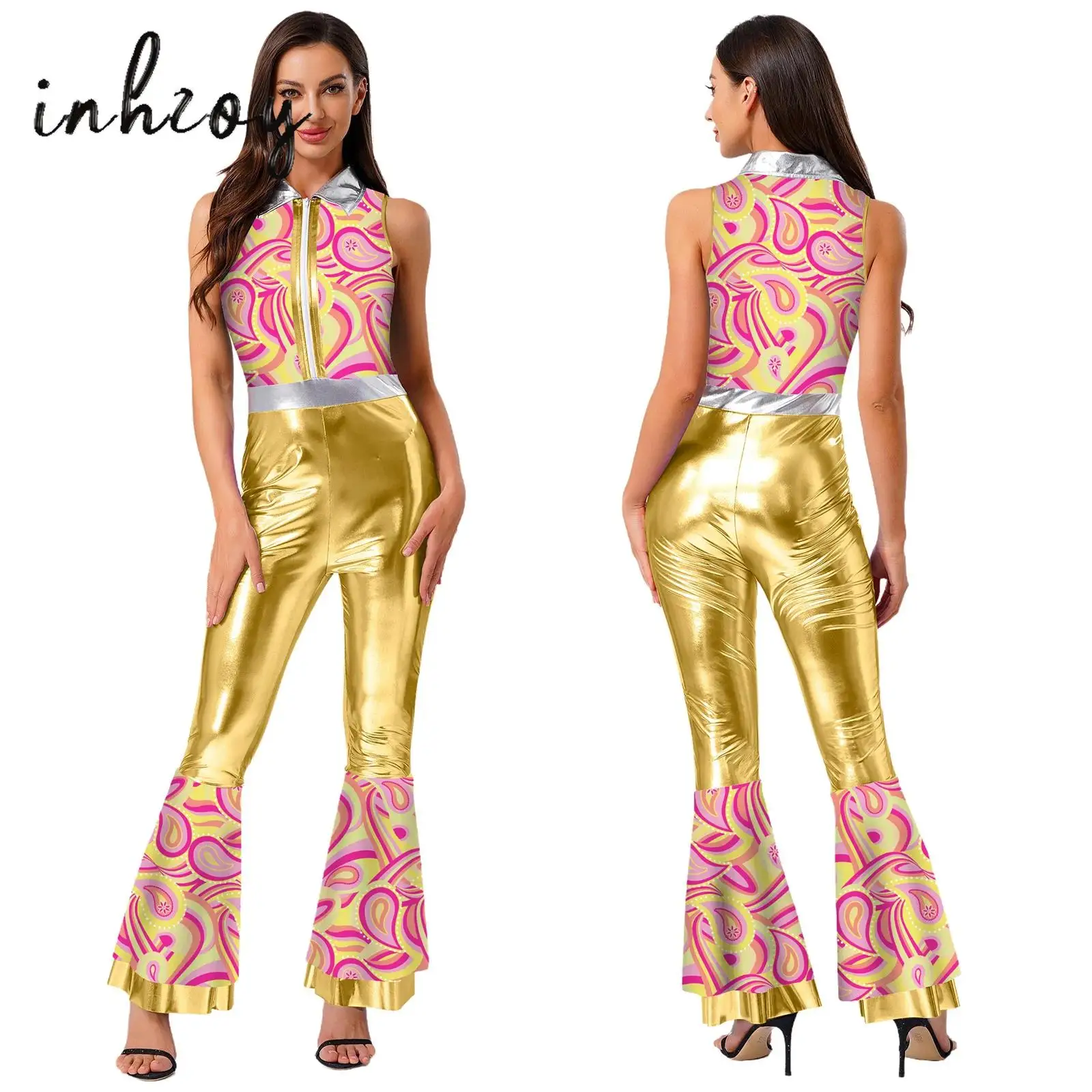 

Womens 70s Disco Jazz Dance Rompers Chic Print Metallic Sleeveless Tiered Flared Long Pants Jumpsuit for Rave Party Clubwear