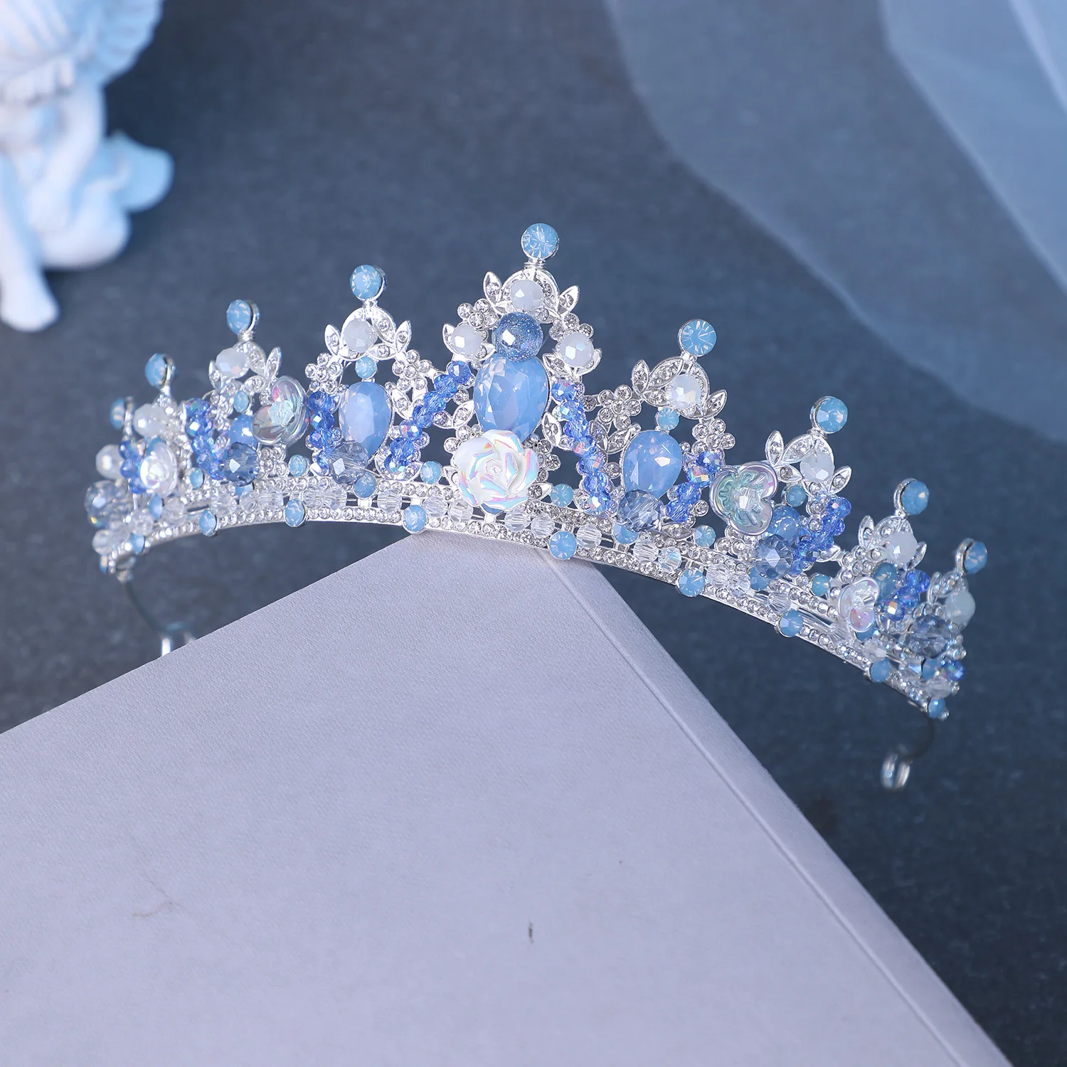 Handmade Blue Protein Crystal Rhinestone Tiaras Crowns Flower Beads Princess Queen Diadem Wedding Hair Accessories