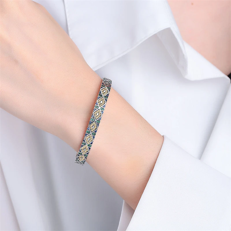 WYEAIIR 925 Sterling Silver Vintage Shiny Colorful Zircon Angel's Eye Resizable Opening Bangle For Women Luxury Jewelry Gift