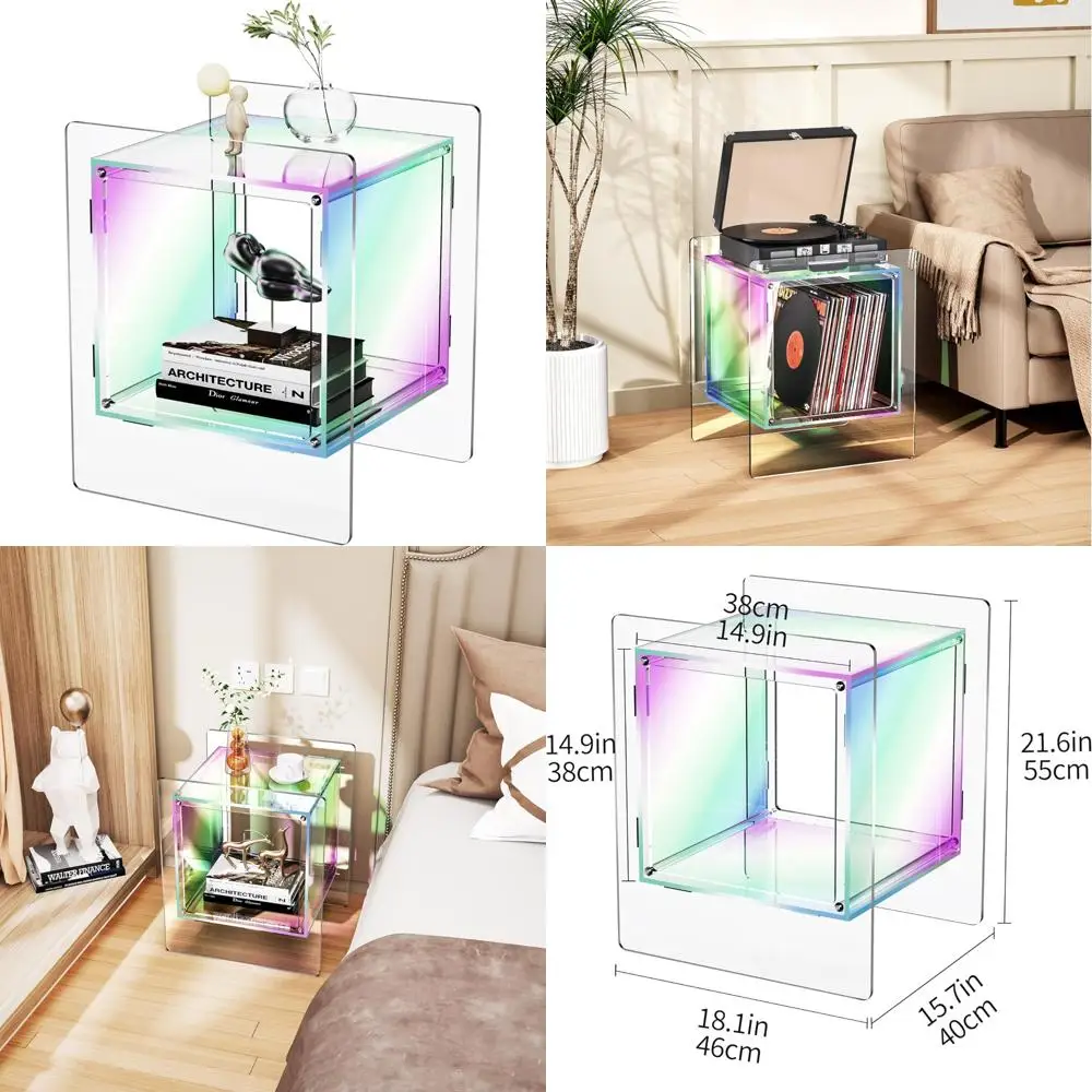 

Colorful Acrylic Bedside Table with Open Shelf, Clear Iridescent Nightstand for Living Room