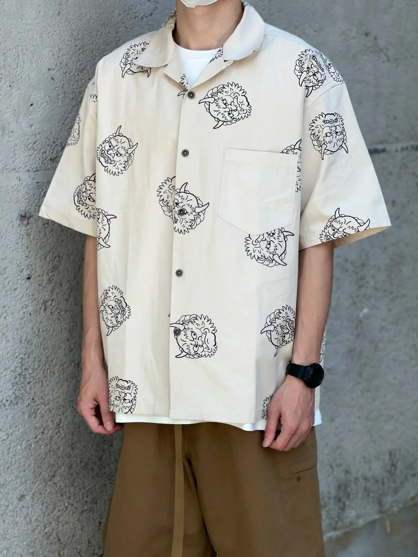 

Retro Japanese Style Ice Silk Short Sleeve Shirt Men's Loose Casual Large Size Half Sleeve Shirt Printed Thunder God Design