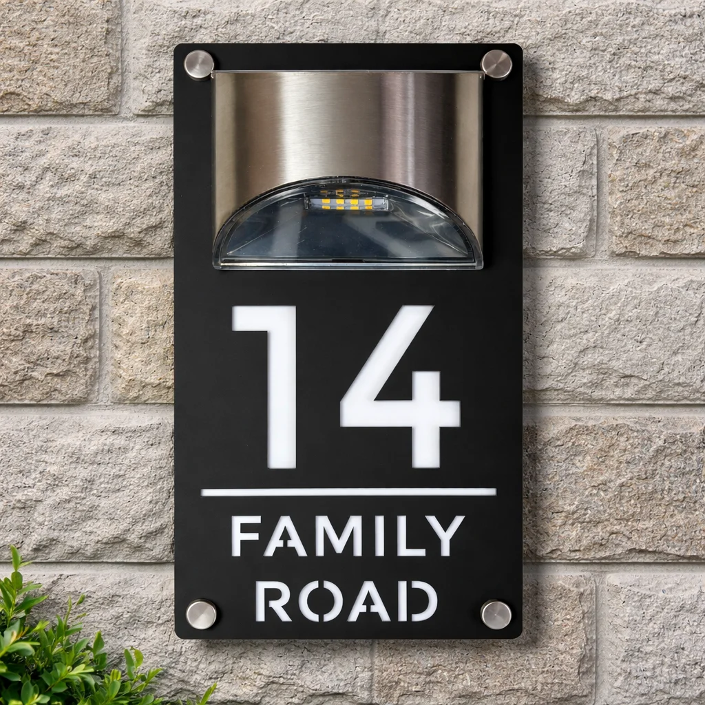Modern Black and White Personalized House Number Solar Outdoor Light Sign Laser Cut Acrylic Address Plaque Led Wall Gift Plate