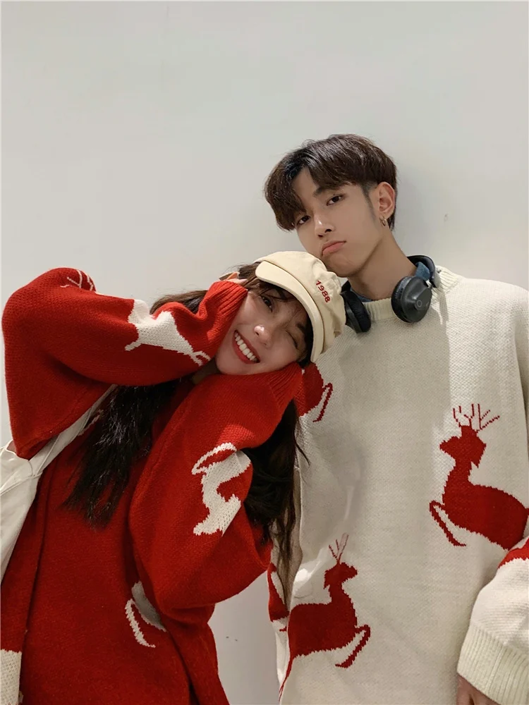 

Laid-ba Sle Трикотаж с принтом оленя Свободный крой Мужской зимний свитер Одинаковые повседневные модные молодежные круглые Ne Lon...