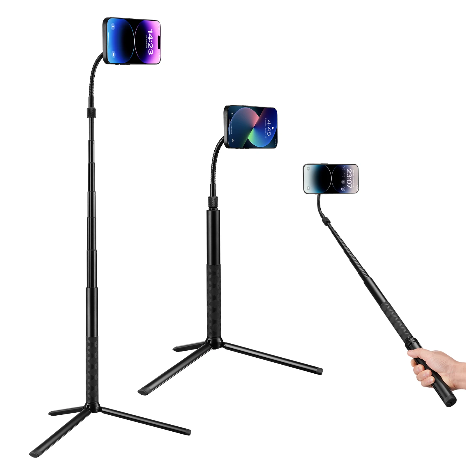 60“ Flexible Gooseneck Phone Tripod Magnetic Phone Holder for iPhone & Android Portable Aluminum Cellphone Stand for Selfies