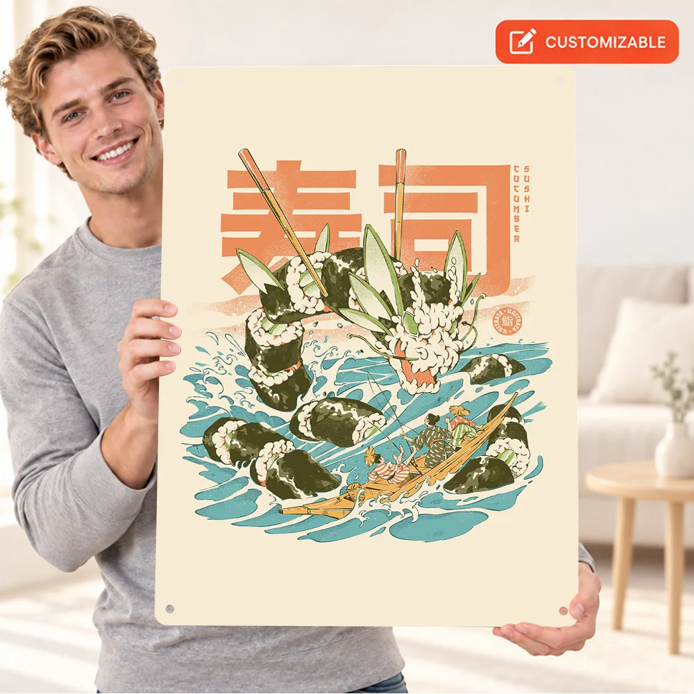Cucumber Sushi Dragon Food Aluminum Poster Customized Metal Sign Illustrated Wall Art For Kitchen Decor Cooking Enthusiast Gift