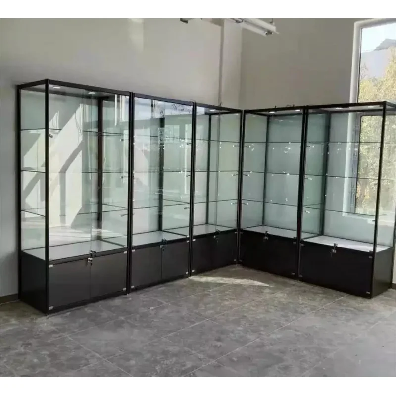custom.New Design Commerical Fashion Golden Aluminum Frame Black Panel Glass Tower Display with LED Light