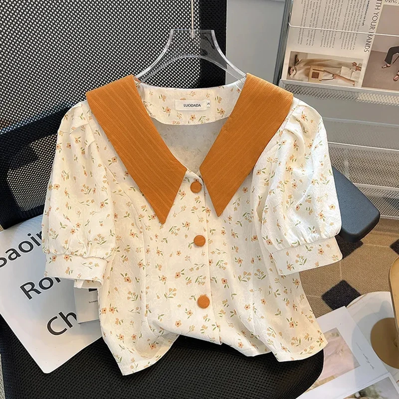 Floral Sweet Chiffon Shirt Women Fall Loose Casual Puff Long Sleeve Fashion Blouse French Kawaii Peter Pan Collar Chic New Tops