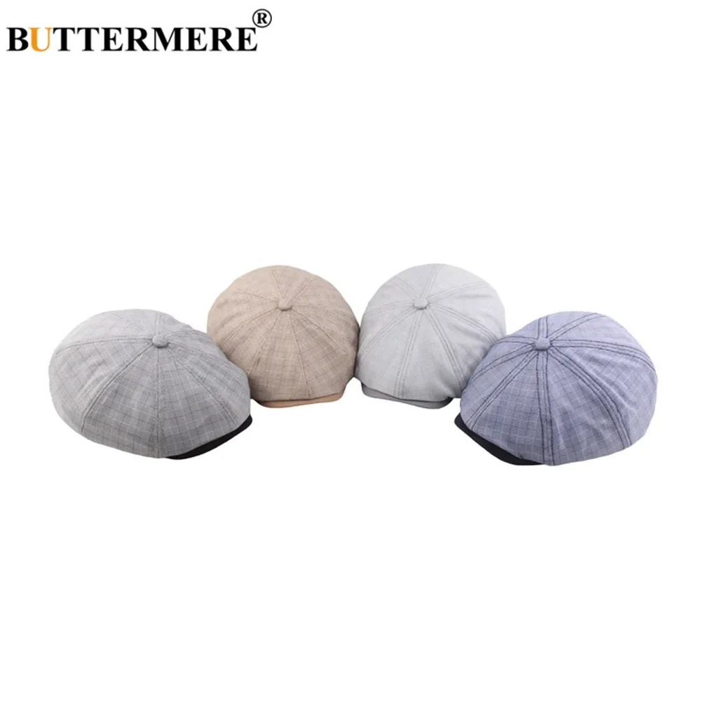 BUTTERMERE Spring Summer Eight Piece Cap Gray Plaid Male Newsboy Cap Casual Cotton Patchwork Brand Ivy Mens Beret Flat Cap