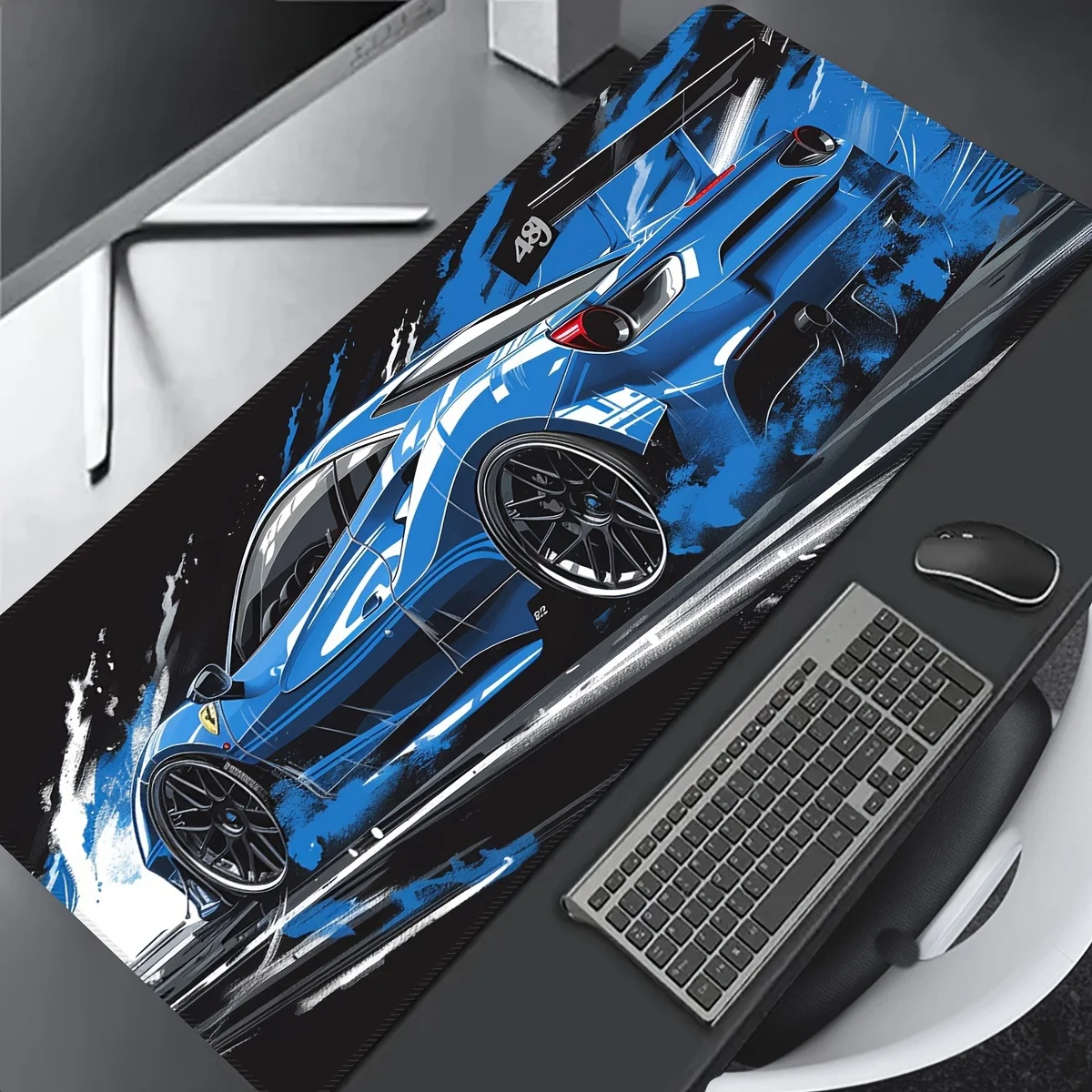 

Large Gaming Mouse Pad Extended Non-Slip Rubber Desk Mat Stitched Edges Blue Sports Car Design for Office Home dsk accessories