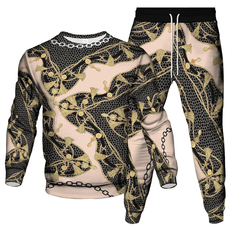 Luxury Vintage Baroque Style Spring And Fall New Men Clothing Suit Jogging Pants Sweatshirt 2Pcs Set Outdoor Casual Tracksuit