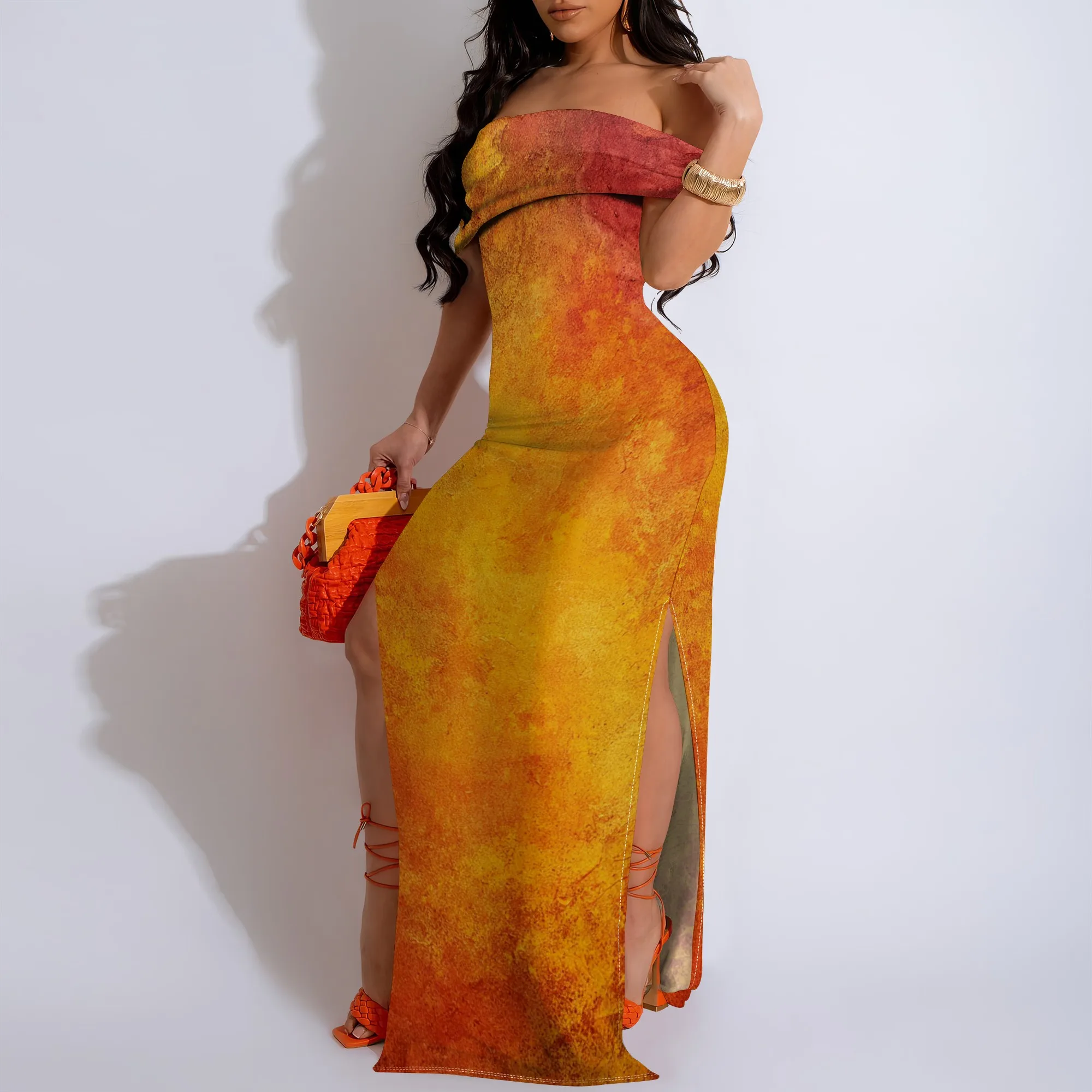 

Women's Oil Painting Off Shoulder Maxi Dress, High Slit Bodycon Gown, Plus Size XS-3XL, Elegant Summer Beach Party Vacation